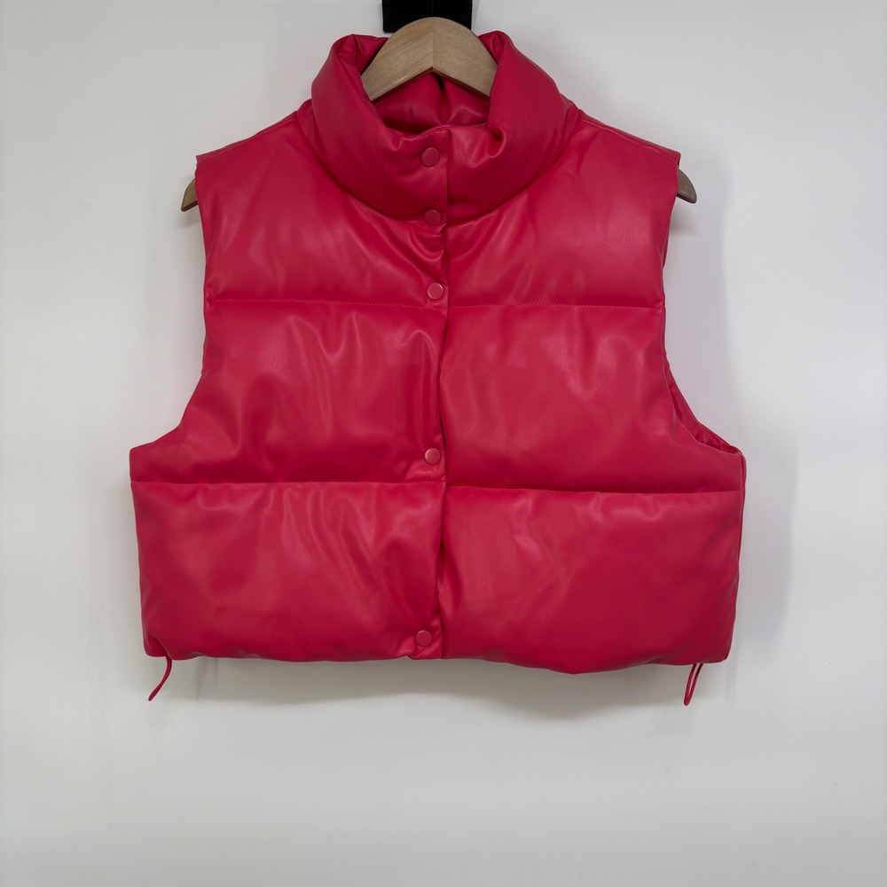 Simply Southern Womens Hot Pink Faux Leather Puffer Vest Cropped L Gorpcore